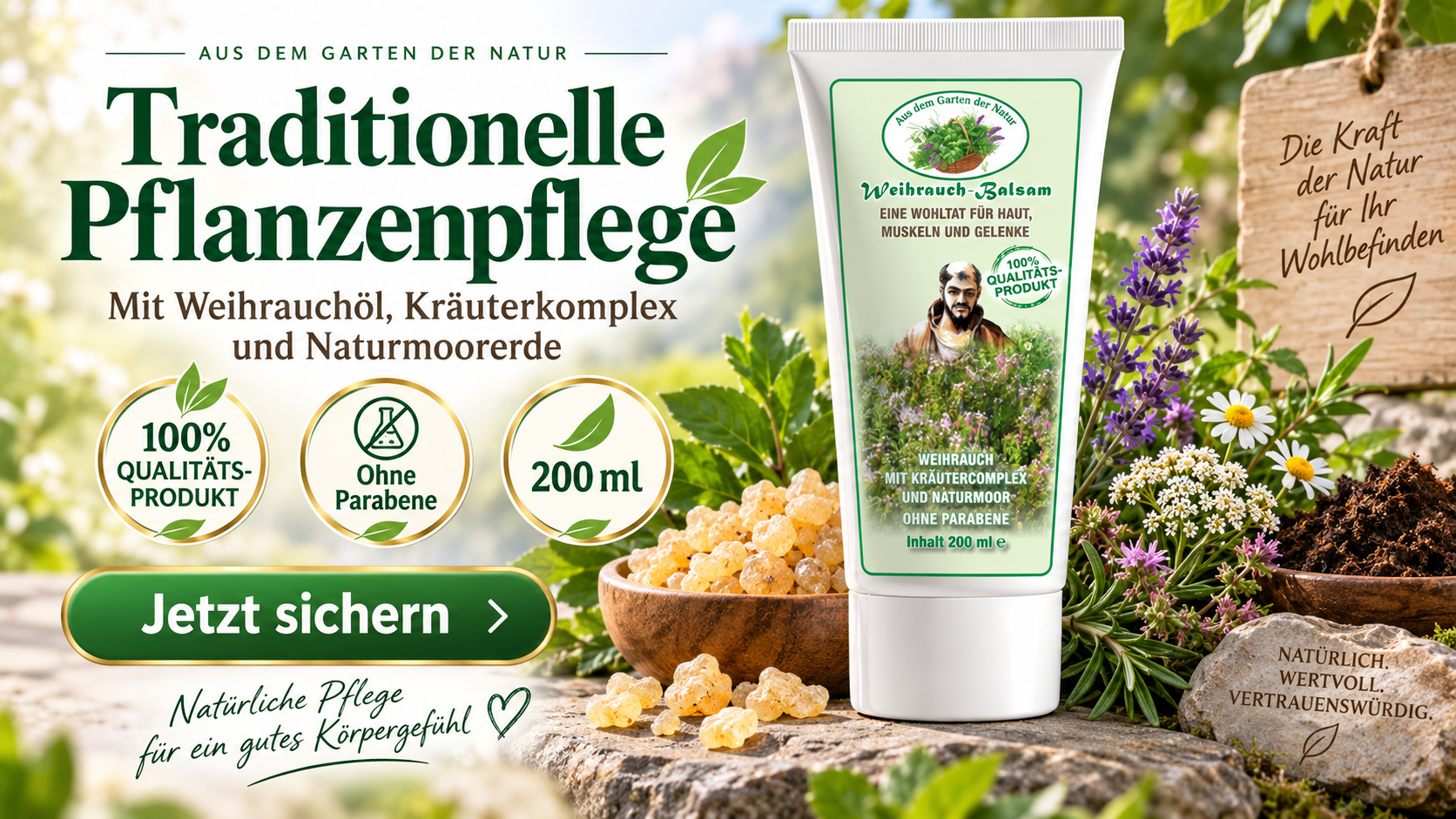 Traditionelle Pflanzenpflege mit Weihrauchöl, Kräuterkomplex und Naturmoor: Die 200-ml-Tube neben Weihrauchharz, Kräutern und Moorerde. Ohne Parabene.