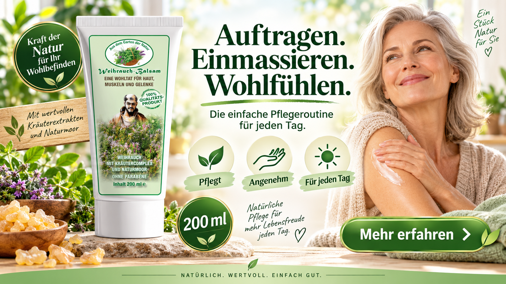 Auftragen. Einmassieren. Wohlfühlen. Eine Frau trägt Balsam auf ihre Schulter auf. Daneben eine 200-ml-Tube Weihrauch-Balsam.