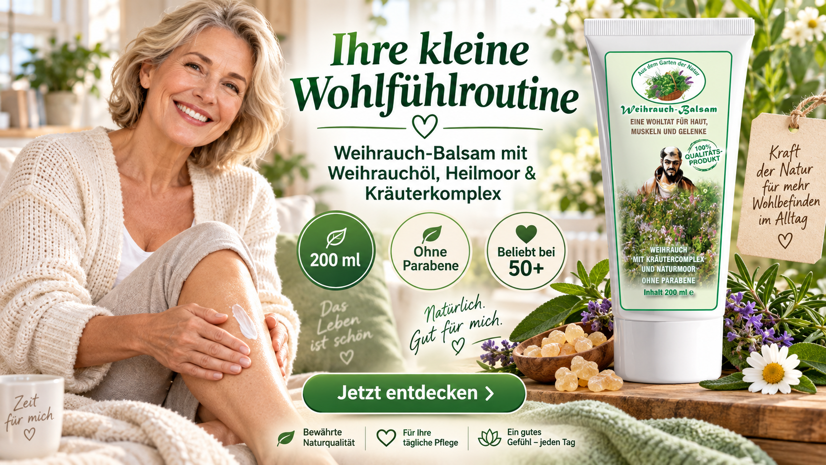 Ihre kleine Wohlfühlroutine: Eine Frau massiert ihr Knie ein. Daneben Weihrauch-Balsam mit Weihrauchöl, Heilmoor und Kräuterkomplex, 200 ml, ohne Parabene.